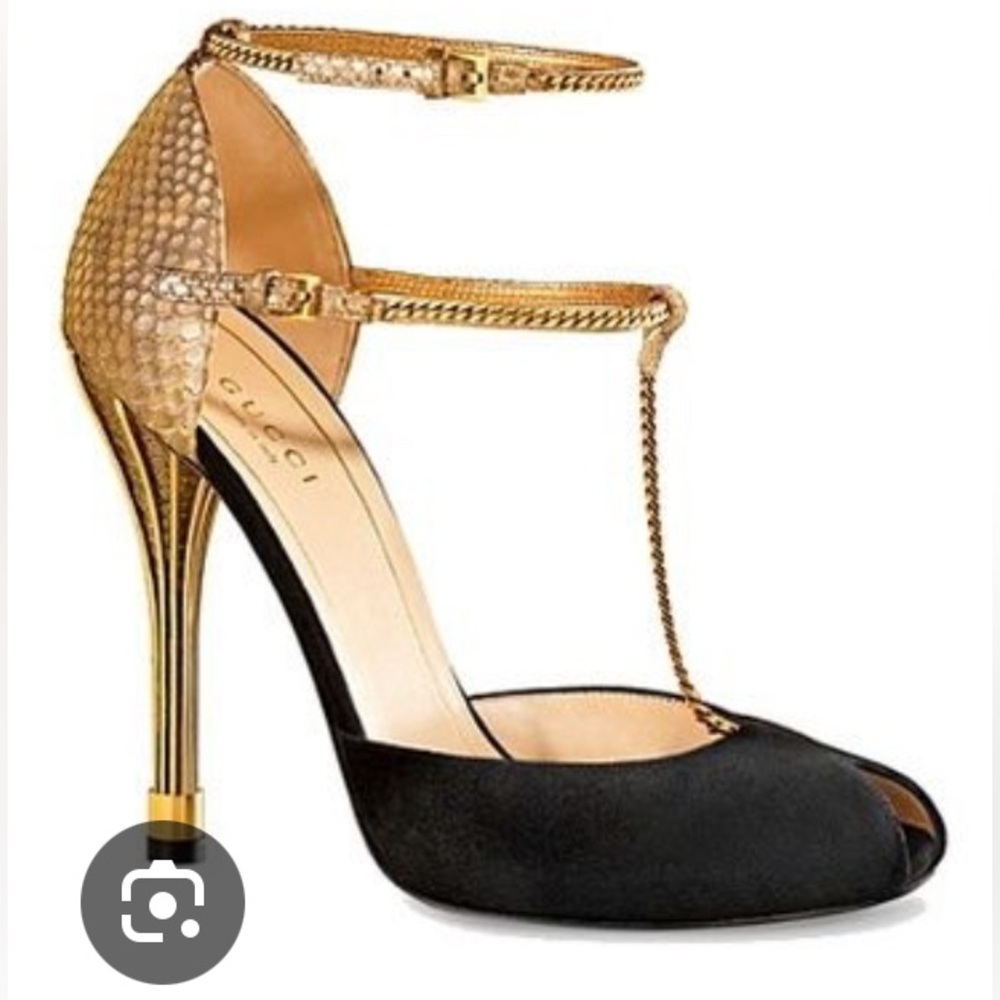 Gucci Black and Gold Seude / Snakeskin Heels